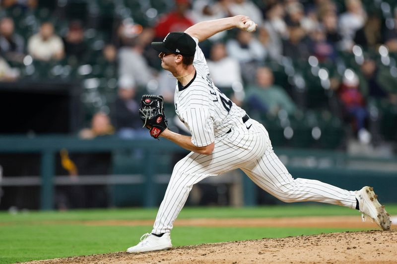 Apr 30, 2024; Chicago, Illinois, USA; Chicago White Sox relief pitcher Jordan Leasure (49) delivers a pitch against the Minnesota Twins during the eight inning at Guaranteed Rate Field. Mandatory Credit: Kamil Krzaczynski-USA TODAY Sports