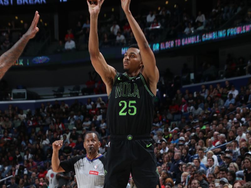 NEW ORLEANS, LA - MARCH 15: Trey Murphy III #25 of the New Orleans Pelicans shoots a three point basket during the game against the LA Clippers on March 15, 2024 at the Smoothie King Center in New Orleans, Louisiana. NOTE TO USER: User expressly acknowledges and agrees that, by downloading and or using this Photograph, user is consenting to the terms and conditions of the Getty Images License Agreement. Mandatory Copyright Notice: Copyright 2024 NBAE (Photo by Layne Murdoch Jr./NBAE via Getty Images)