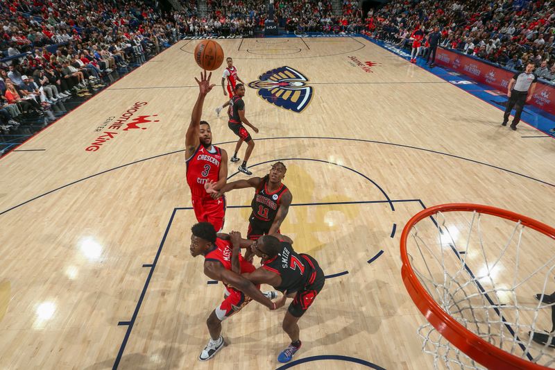 NEW ORLEANS, LA - OCTOBER 23: CJ McCollum #3 of the New Orleans Pelicans shoots the ball during the game  on October 23, 2024 at the Smoothie King Center in New Orleans, Louisiana. NOTE TO USER: User expressly acknowledges and agrees that, by downloading and or using this Photograph, user is consenting to the terms and conditions of the Getty Images License Agreement. Mandatory Copyright Notice: Copyright 2024 NBAE (Photo by Layne Murdoch Jr./NBAE via Getty Images)