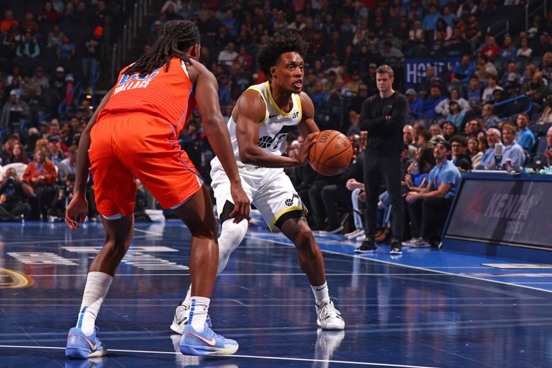 OKLAHOMA CITY, OK - DECEMBER 3: Collin Sexton #2 of the Utah Jazz passes the ball during the game against the Oklahoma City Thunder during the Emirates NBA Cup game on on December 3, 2024 at Paycom Center in Oklahoma City, Oklahoma. NOTE TO USER: User expressly acknowledges and agrees that, by downloading and or using this photograph, User is consenting to the terms and conditions of the Getty Images License Agreement. Mandatory Copyright Notice: Copyright 2024 NBAE (Photo by Zach Beeker/NBAE via Getty Images)