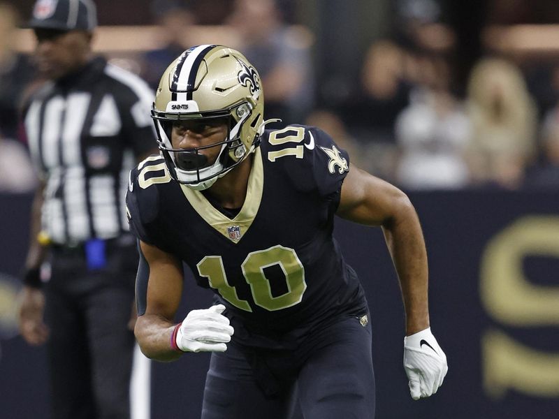 New Orleans Saints wide receiver Tre'Quan Smith (10) during an NFL football game against the Las Vegas Raiders, Sunday, Oct. 30, 2022, in New Orleans. (AP Photo/Tyler Kaufman)