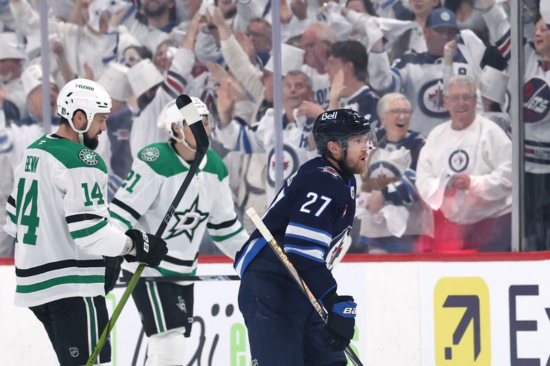 May 9, 2025; Winnipeg, Manitoba, CAN;Winnipeg Jets left wing Nikolaj Ehlers (27) celebrates his goal against the Dallas Stars in the first period in game two of the second round of the 2025 Stanley Cup Playoffs at Canada Life Centre. Mandatory Credit: James Carey Lauder-Imagn Images