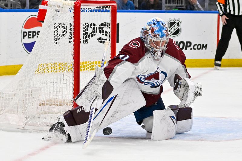 Mar 19, 2024; St. Louis, Missouri, USA;  Colorado Avalanche goaltender Justus Annunen (60) defends the n the against the St. Louis Blues during the second period at Enterprise Center. Mandatory Credit: Jeff Curry-USA TODAY Sports