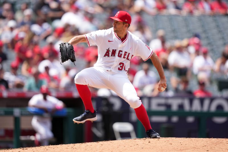 May 11, 2025; Anaheim, California, USA; Los Angeles Angels starting pitcher Tyler Anderson (31) throws in the fourth inning against the Baltimore Orioles at Angel Stadium. Mandatory Credit: Kirby Lee-Imagn Images