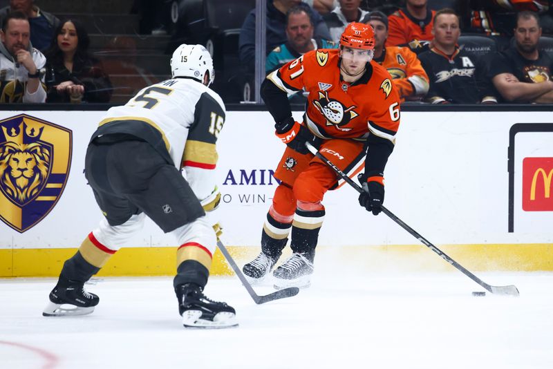 Nov 13, 2024; Anaheim, California, USA; Anaheim Ducks left wing Cutter Gauthier (61) skates with the puck against the Vegas Golden Knights during the second period of a hockey game at Honda Center. Mandatory Credit: Jessica Alcheh-Imagn Images