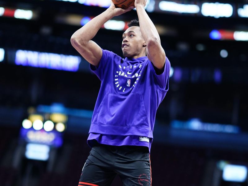 TORONTO, CANADA - FEBRUARY 12: Scottie Barnes #4 of the Toronto Raptors warms up before the game against the Cleveland Cavaliers on February 12, 2025 at the Scotiabank Arena in Toronto, Ontario, Canada.  NOTE TO USER: User expressly acknowledges and agrees that, by downloading and or using this Photograph, user is consenting to the terms and conditions of the Getty Images License Agreement.  Mandatory Copyright Notice: Copyright 2025 NBAE (Photo by Mark Blinch/NBAE via Getty Images)