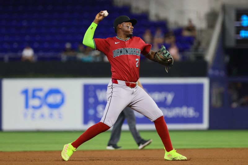 Aug 19, 2024; Miami, Florida, USA; Arizona Diamondbacks shortstop Geraldo Perdomo (2) throws to first base to retire Miami Marlins first baseman Jake Burger (not pictured) during the first inning at loanDepot Park. Mandatory Credit: Sam Navarro-USA TODAY Sports