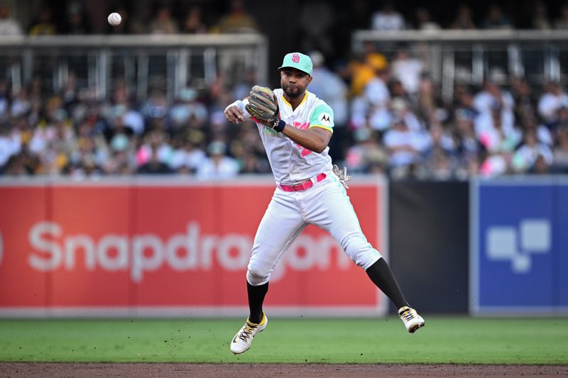 Jun 23, 2023; San Diego, California, USA; San Diego Padres shortstop Xander Bogaerts (2) throws to first base late on a single hit by Washington Nationals center fielder Derek Hill (not pictured) during the third inning at Petco Park. Mandatory Credit: Orlando Ramirez-USA TODAY Sports