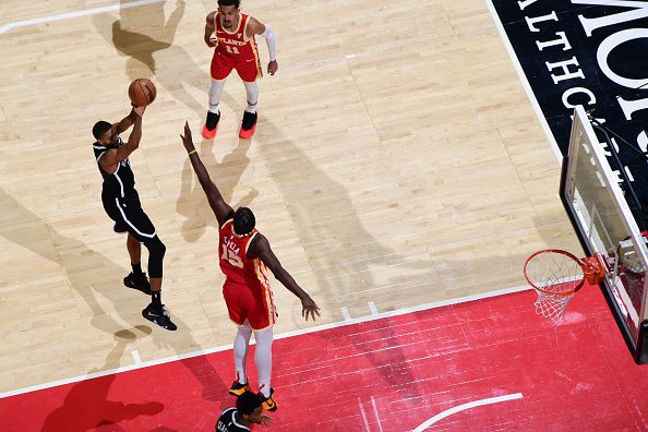 ATLANTA, GA - DECEMBER 6: Mikal Bridges #1 of the Brooklyn Nets shoots the ball during the game against the Atlanta Hawks on December 6, 2023 at State Farm Arena in Atlanta, Georgia.  NOTE TO USER: User expressly acknowledges and agrees that, by downloading and/or using this Photograph, user is consenting to the terms and conditions of the Getty Images License Agreement. Mandatory Copyright Notice: Copyright 2023 NBAE (Photo by Scott Cunningham/NBAE via Getty Images)