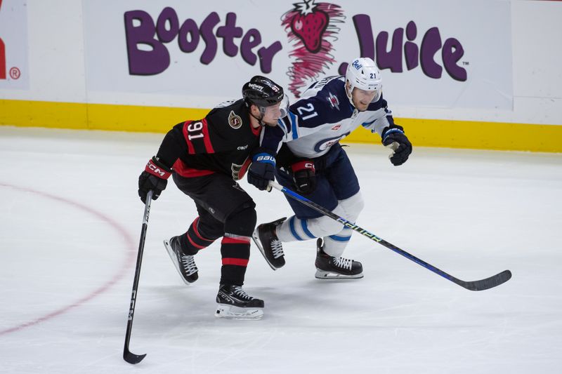 Jan 20, 2024; Ottawa, Ontario, CAN; Ottawa Senators right wing Vladimir Tarasenko (91) and Winnipeg Jets center Dominic Toninato (21) chase the puck in overtime at the Canadian Tire Centre. Mandatory Credit: Marc DesRosiers-USA TODAY Sports