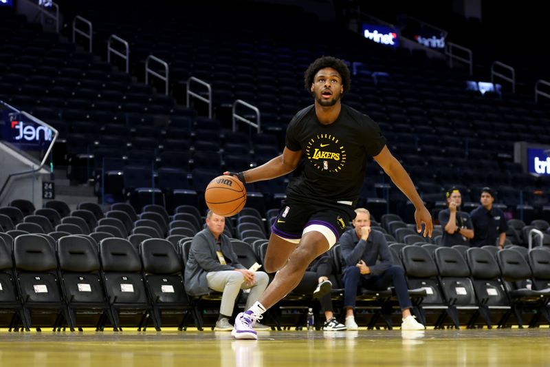 SAN FRANCISCO, CALIFORNIA - OCTOBER 18: Bronny James #9 of the Los Angeles Lakers warms up before their preseason game against the Golden State Warriors at Chase Center on October 18, 2024 in San Francisco, California.  NOTE TO USER: User expressly acknowledges and agrees that, by downloading and/or using this photograph, user is consenting to the terms and conditions of the Getty Images License Agreement.  (Photo by Ezra Shaw/Getty Images)