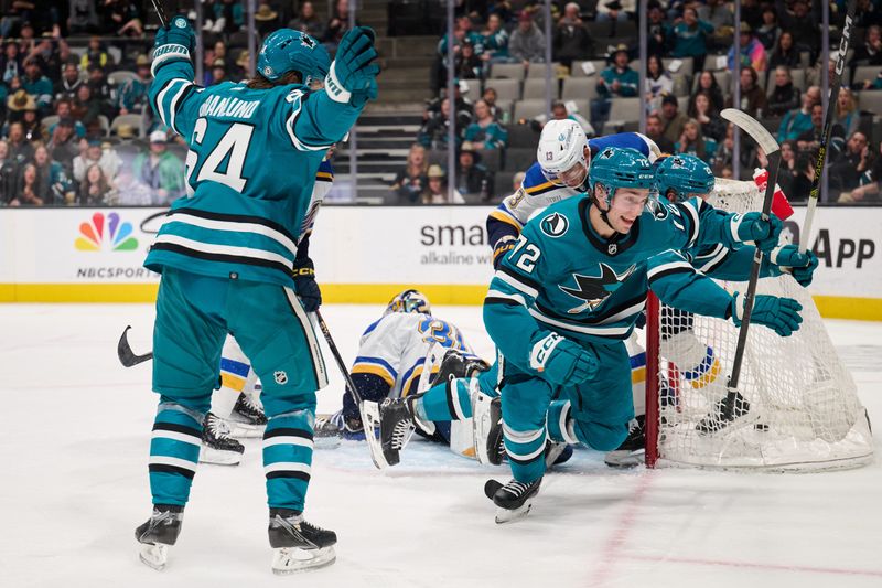 Apr 6, 2024; San Jose, California, USA; San Jose Sharks left wing William Eklund (72) reacts after scoring his second goal of the game against the St. Louis Blues during the second period at SAP Center at San Jose. Mandatory Credit: Robert Edwards-USA TODAY Sports