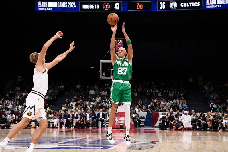 ABU DHABI, UAE - OCTOBER 4: Jordan Walsh #27 of the Boston Celtics shoots the ball during the game against the Denver Nuggets during the 2024 Global Games on October 4, 2024 at the Etihad Arena in Abu Dhabi, United Arab Emirates. NOTE TO USER: User expressly acknowledges and agrees that, by downloading and/or using this Photograph, user is consenting to the terms and conditions of the Getty Images License Agreement. Mandatory Copyright Notice: Copyright 2024 NBAE (Photo by Brian Babineau/NBAE via Getty Images)