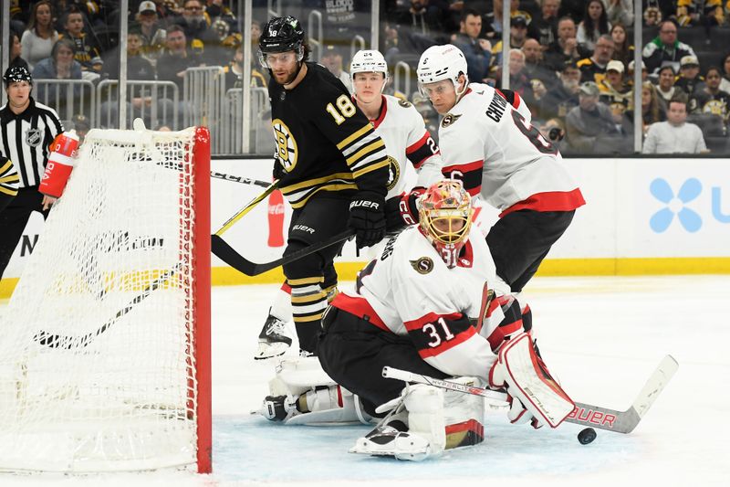 Apr 16, 2024; Boston, Massachusetts, USA; Ottawa Senators goaltender Anton Forsberg (31) makes a save in front of Boston Bruins center Pavel Zacha (18) and defenseman Jakob Chychrun (6) during the third period at TD Garden. Mandatory Credit: Bob DeChiara-USA TODAY Sports