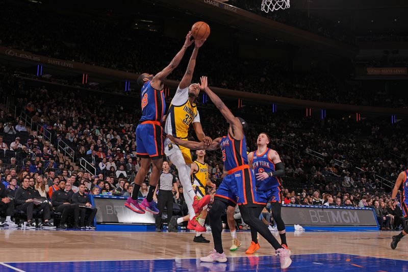 NEW YORK, NY - FEBRUARY 10: Myles Turner #33 of the Indiana Pacers drives to the basket during the game against the New York Knicks on February 10, 2024 at Madison Square Garden in New York City, New York.  NOTE TO USER: User expressly acknowledges and agrees that, by downloading and or using this photograph, User is consenting to the terms and conditions of the Getty Images License Agreement. Mandatory Copyright Notice: Copyright 2024 NBAE  (Photo by Jesse D. Garrabrant/NBAE via Getty Images)