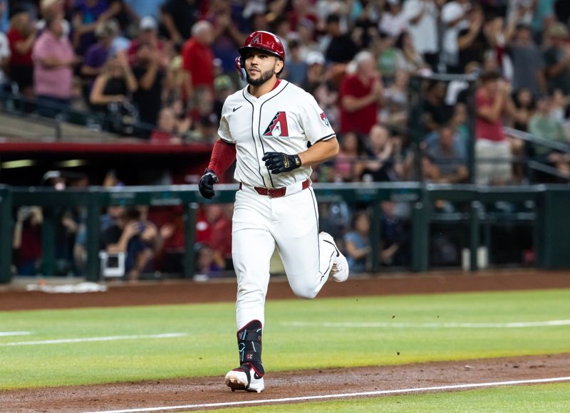 Sep 16, 2025; Phoenix, Arizona, USA; Arizona Diamondbacks catcher Adrian Del Castillo rounds the bases after hitting a two run home run in the second inning against the San Francisco Giants at Chase Field. Mandatory Credit: Mark J. Rebilas-Imagn Images