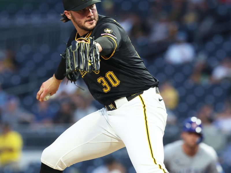 Sep 16, 2025; Pittsburgh, Pennsylvania, USA; Pittsburgh Pirates starting pitcher Paul Skenes (30) pitches against the Chicago Cubs during the third inning at PNC Park. Mandatory Credit: Charles LeClaire-Imagn Images