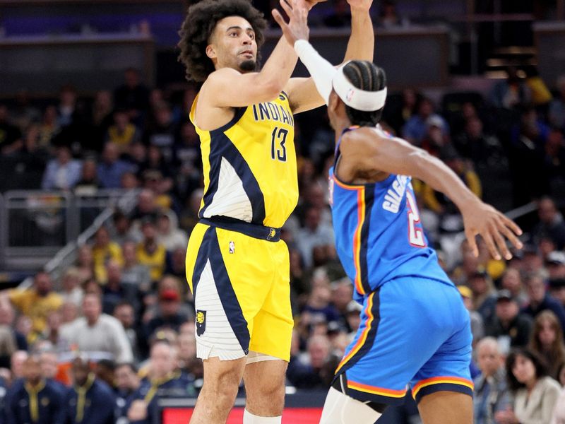 INDIANAPOLIS, INDIANA - MARCH 31:  Jordan Nwora #13 of the Indiana Pacers against the Oklahoma City Thunder at Gainbridge Fieldhouse on March 31, 2023 in Indianapolis, Indiana.    NOTE TO USER: User expressly acknowledges and agrees that, by downloading and/or using this photograph, User is consenting to the terms and conditions of the Getty Images License Agreement. (Photo by Andy Lyons/Getty Images)