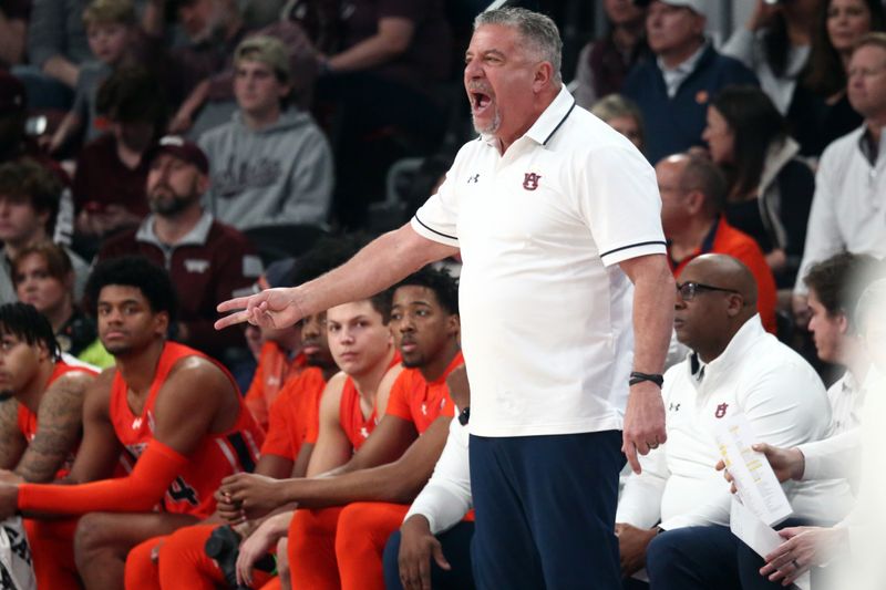 Jan 27, 2024; Starkville, Mississippi, USA; Auburn Tigers head coach Bruce Pearl reacts during the first half against the Mississippi State Bulldogs at Humphrey Coliseum. Mandatory Credit: Petre Thomas-USA TODAY Sports