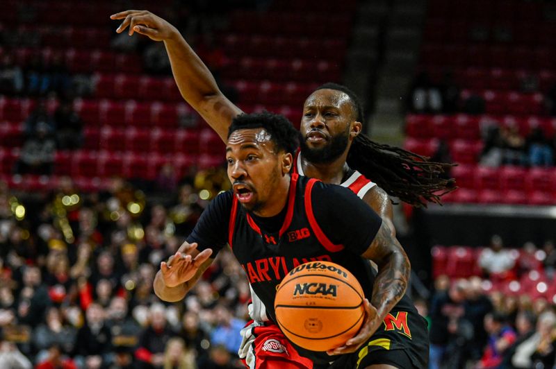 Feb 5, 2026; College Park, Maryland, USA;  Maryland Terrapins guard David Coit (8) dribbles by Ohio State Buckeyes guard Bruce Thornton (2) during the second half at Xfinity Center. Mandatory Credit: Tommy Gilligan-Imagn Images