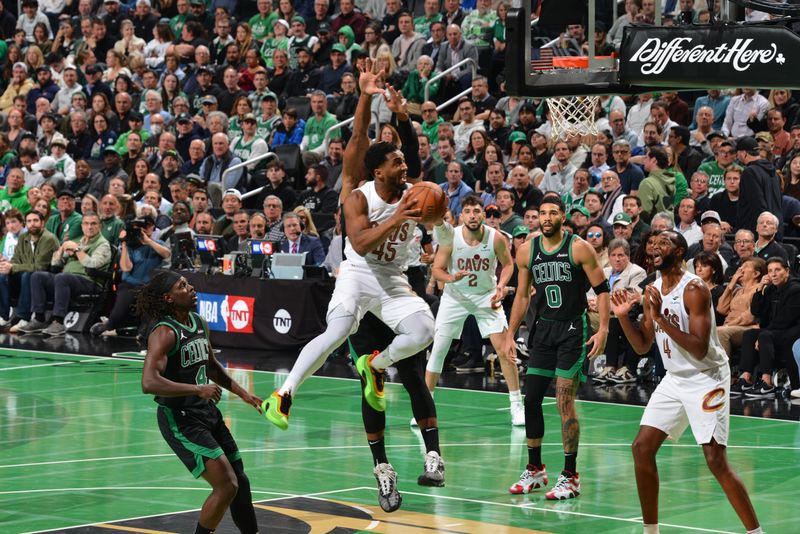 BOSTON, MA - NOVEMBER 19: Donovan Mitchell #45 of the Cleveland Cavaliers drives to the basket during the game against the Boston Celtics during the Emirates NBA Cup game on November 19, 2024 at TD Garden in Boston, Massachusetts. NOTE TO USER: User expressly acknowledges and agrees that, by downloading and/or using this Photograph, user is consenting to the terms and conditions of the Getty Images License Agreement. Mandatory Copyright Notice: Copyright 2024 NBAE (Photo by Jesse D. Garrabrant/NBAE via Getty Images)