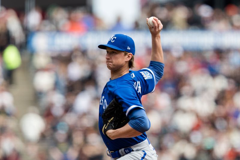 Apr 8, 2023; San Francisco, California, USA;  Kansas City Royals starting pitcher Brady Singer (51) throws against the San Francisco Giants during the first inning at Oracle Park. Mandatory Credit: John Hefti-USA TODAY Sports