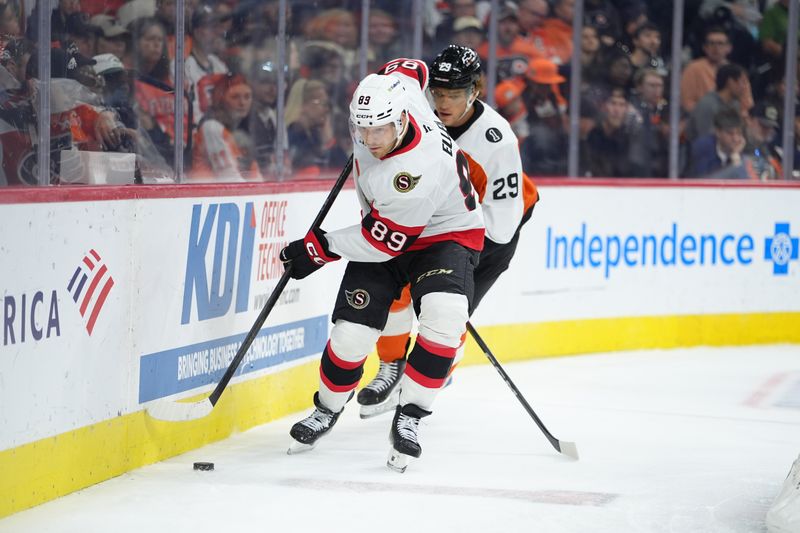 Nov 8, 2025; Philadelphia, Pennsylvania, USA; Ottawa Senators center Lars Eller (89) controls the puck against the Philadelphia Flyers in the first period at Xfinity Mobile Arena. Mandatory Credit: Kyle Ross-Imagn Images