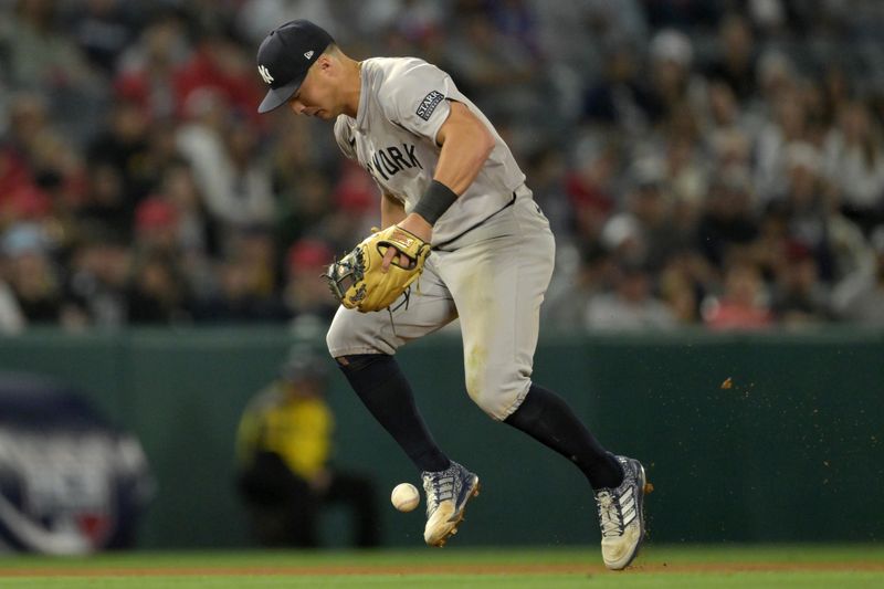 May 30, 2024; Anaheim, California, USA;  New York Yankees shortstop Anthony Volpe (11) is charged with an error as he gets handcuffed on a ball hit by Los Angeles Angels right fielder Jo Adell (7) in the ninth inning at Angel Stadium. Mandatory Credit: Jayne Kamin-Oncea-USA TODAY Sports