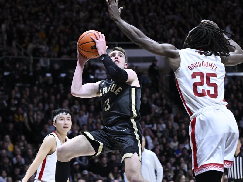 Jan 13, 2023; West Lafayette, Indiana, USA; Purdue Boilermakers guard Braden Smith (3) shoot the ball over Nebraska Cornhuskers guard Emmanuel Bandoumel (25) during the second half at Mackey Arena. Boilermakers won 73 to 55. Mandatory Credit: Marc Lebryk-USA TODAY Sports