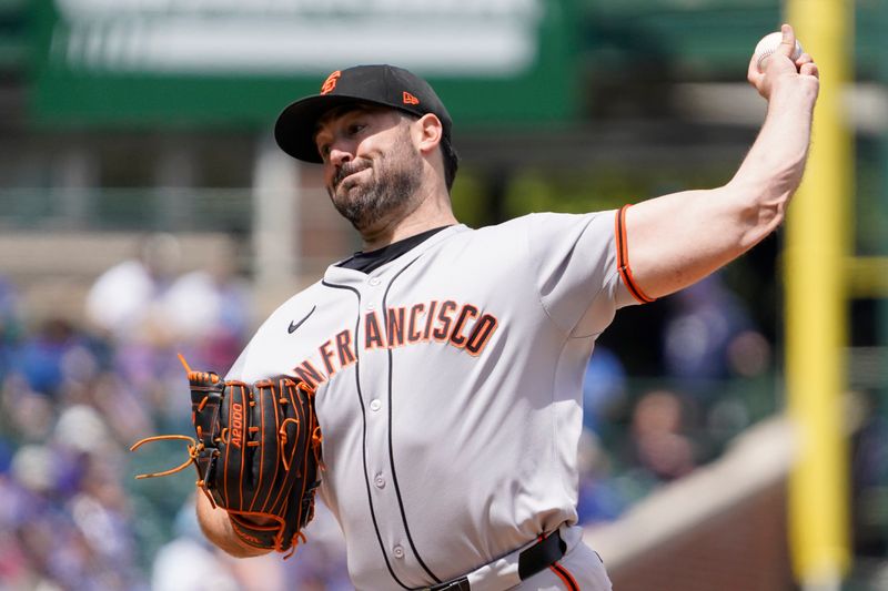 May 7, 2025; Chicago, Illinois, USA; San Francisco Giants pitcher Robbie Ray (38) throws the ball against the San Francisco Giants during the first inning at Wrigley Field. Mandatory Credit: David Banks-Imagn Images