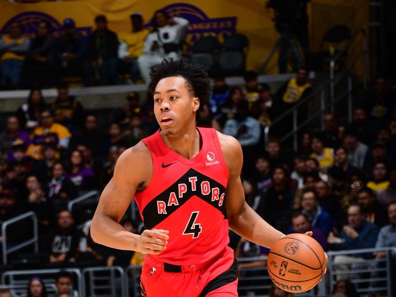 LOS ANGELES, CA - JANUARY 9: Scottie Barnes #4 of the Toronto Raptors dribbles the ball during the game against the Los Angeles Lakers on January 9, 2024 at Crypto.Com Arena in Los Angeles, California. NOTE TO USER: User expressly acknowledges and agrees that, by downloading and/or using this Photograph, user is consenting to the terms and conditions of the Getty Images License Agreement. Mandatory Copyright Notice: Copyright 2024 NBAE (Photo by Adam Pantozzi/NBAE via Getty Images)