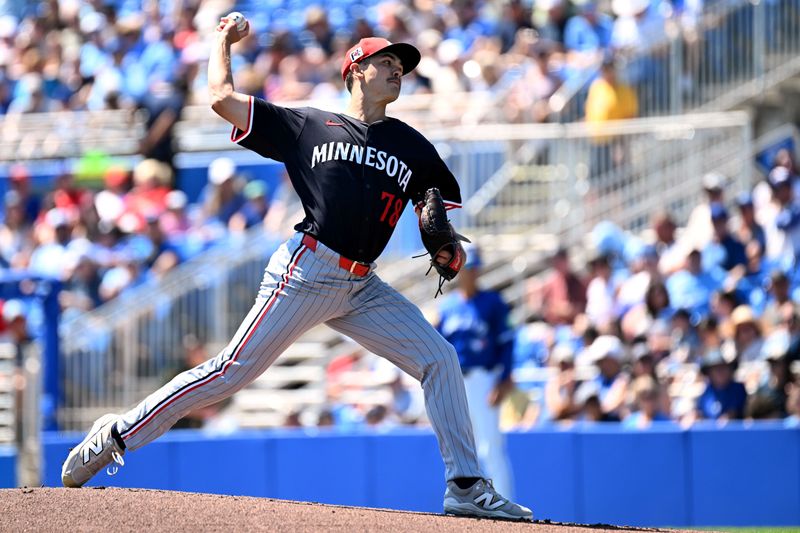 Mar 11, 2025; Dunedin, Florida, USA; Minnesota Twins starting pitcher Andrew Morris (78) throws a pitch in the first inning against the Toronto Blue Jays during spring training  at TD Ballpark. Mandatory Credit: Jonathan Dyer-Imagn Images