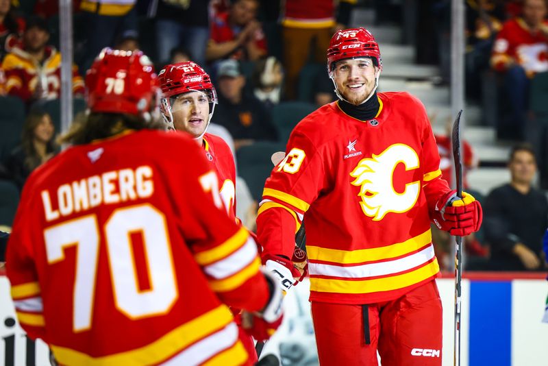 Sep 28, 2024; Calgary, Alberta, CAN; Calgary Flames right wing Adam Klapka (43) celebrates his goal with teammates against the Vancouver Canucks during the second period at Scotiabank Saddledome. Mandatory Credit: Sergei Belski-Imagn Images