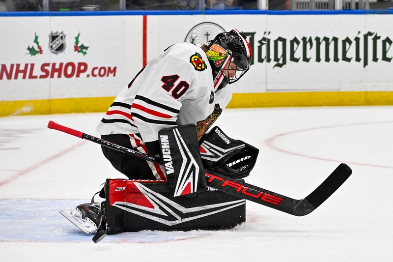 Dec 23, 2023; St. Louis, Missouri, USA;  Chicago Blackhawks goaltender Arvid Soderblom (40) defends the net against the St. Louis Blues during the second period at Enterprise Center. Mandatory Credit: Jeff Curry-USA TODAY Sports