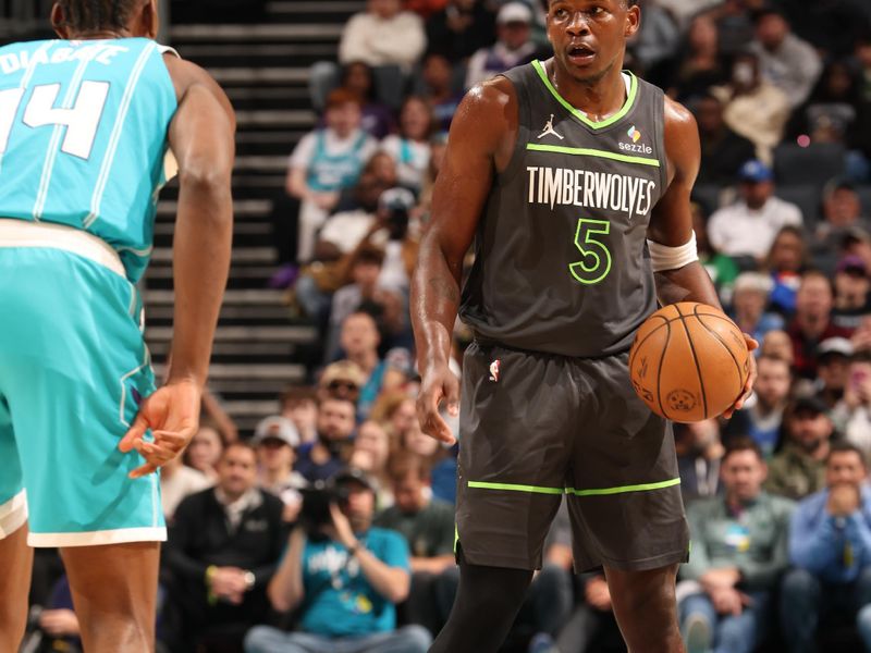 CHARLOTTE, NC - MARCH 5:  Anthony Edwards #5 of the Minnesota Timberwolves dribbles the ball during the game against the Charlotte Hornets on March 5, 2025 at Spectrum Center in Charlotte, North Carolina. NOTE TO USER: User expressly acknowledges and agrees that, by downloading and or using this photograph, User is consenting to the terms and conditions of the Getty Images License Agreement. Mandatory Copyright Notice: Copyright 2025 NBAE (Photo by Kent Smith/NBAE via Getty Images)