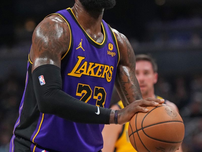INDIANAPOLIS, IN - MARCH 29: LeBron James #23 of the Los Angeles Lakers shoots a free throw during the game against the Indiana Pacers on March 24, 2024 at Gainbridge Fieldhouse in Indianapolis, Indiana. NOTE TO USER: User expressly acknowledges and agrees that, by downloading and or using this Photograph, user is consenting to the terms and conditions of the Getty Images License Agreement. Mandatory Copyright Notice: Copyright 2024 NBAE (Photo by Jesse D. Garrabrant /NBAE via Getty Images)