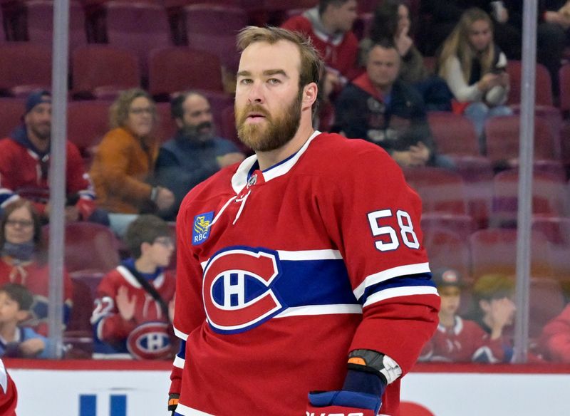 Oct 17, 2024; Montreal, Quebec, CAN; Montreal Canadiens defenseman David Savard (58) skates during the warmup period before the game against the Los Angeles Kings at the Bell Centre. Mandatory Credit: Eric Bolte-Imagn Images