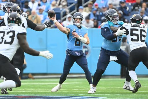 Tennessee Titans quarterback Will Levis (8) passes in an NFL football game against the Jacksonville Jaguars Monday, Dec. 9, 2024, in Nashville, Tenn. (AP Photo/John Amis)