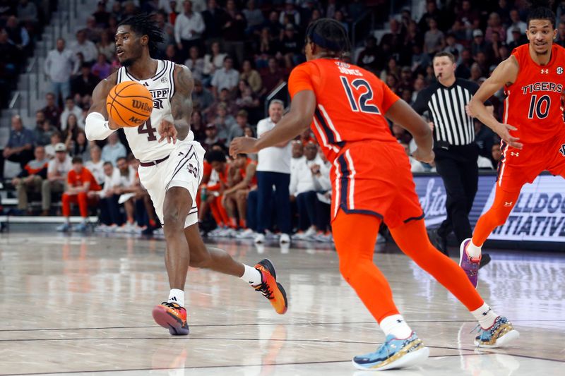 Jan 27, 2024; Starkville, Mississippi, USA; Mississippi State Bulldogs forward Cameron Matthews (4) passes the ball during the second half against the Auburn Tigers at Humphrey Coliseum. Mandatory Credit: Petre Thomas-USA TODAY Sports