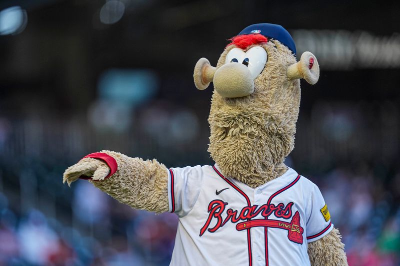 Apr 23, 2024; Cumberland, Georgia, USA; Atlanta Braves mascot Blooper shown before the game against the Miami Marlins at Truist Park. Mandatory Credit: Dale Zanine-USA TODAY Sports