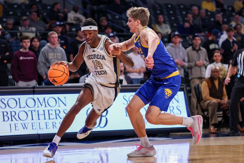 Jan 14, 2026; Atlanta, Georgia, USA; Georgia Tech Yellow Jackets forward Kowacie Reeves Jr. (14) drives on Pittsburgh Panthers guard Nojus Indrusaitis (25) in the second half at McCamish Pavilion. Mandatory Credit: Brett Davis-Imagn Images
