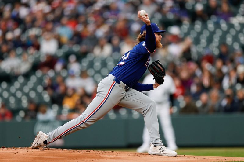 May 10, 2024; Denver, Colorado, USA; Texas Rangers starting pitcher Jon Gray (22) pitches in the first inning against the Colorado Rockies at Coors Field. Mandatory Credit: Isaiah J. Downing-USA TODAY Sports