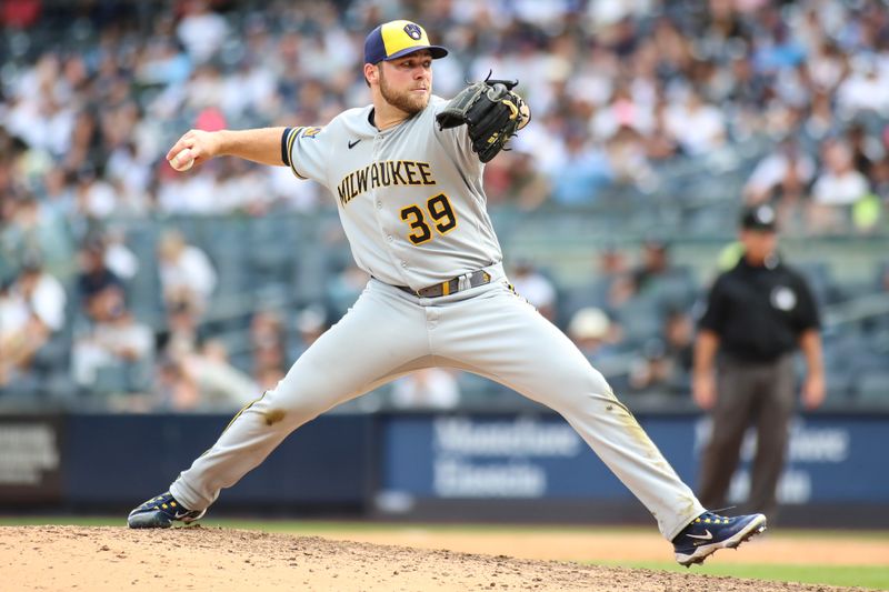 Sep 10, 2023; Bronx, New York, USA;  Milwaukee Brewers starting pitcher Corbin Burnes (39) pitches in the eighth inning against the New York Yankees at Yankee Stadium. Mandatory Credit: Wendell Cruz-USA TODAY Sports