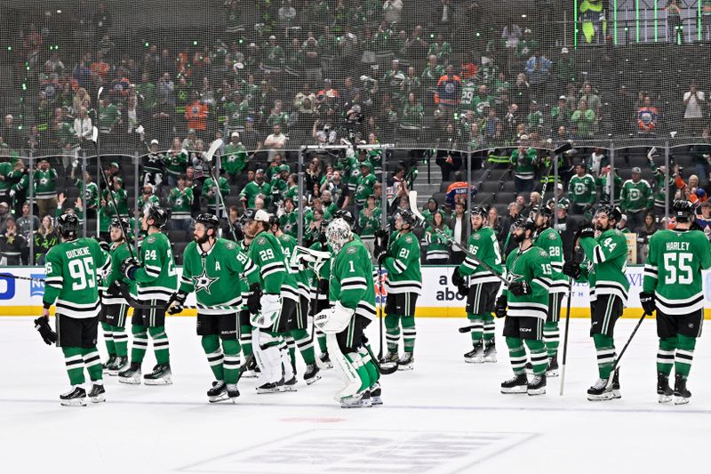 May 29, 2025; Dallas, Texas, USA; The Dallas Stars skate off the ice after losing to the Edmonton Oilers in game five of the Western Conference Final of the 2025 Stanley Cup Playoffs at American Airlines Center. Mandatory Credit: Jerome Miron-Imagn Images