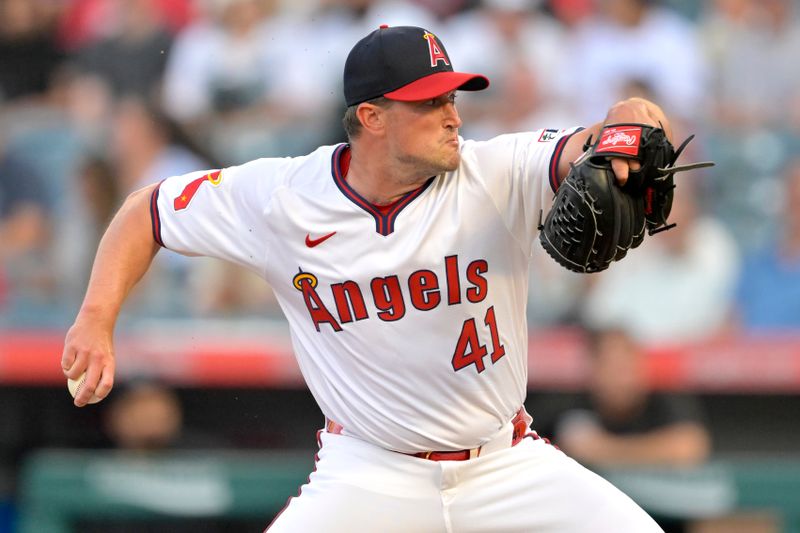 Aug 1, 2024; Anaheim, California, USA;  Los Angeles Angels starting pitcher Carson Fulmer (41) delivers to the plate in the second inning against the Colorado Rockies at Angel Stadium. Mandatory Credit: Jayne Kamin-Oncea-USA TODAY Sports