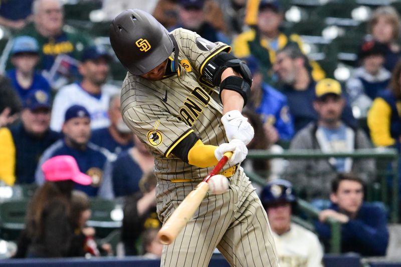 Apr 17, 2024; Milwaukee, Wisconsin, USA;  San Diego Padres catcher Kyle Higashioka (20) hits a double in the second inning against the Milwaukee Brewers at American Family Field. Mandatory Credit: Benny Sieu-USA TODAY Sports