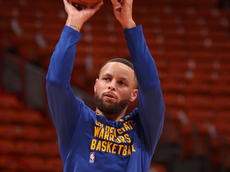 MIAMI, FL - MARCH 26:  Stephen Curry #30 of the Golden State Warriors warms up before the game against the Miami Heat on March 26, 2024 at Kaseya Center in Miami, Florida. NOTE TO USER: User expressly acknowledges and agrees that, by downloading and or using this Photograph, user is consenting to the terms and conditions of the Getty Images License Agreement. Mandatory Copyright Notice: Copyright 2024 NBAE (Photo by Issac Baldizon/NBAE via Getty Images)