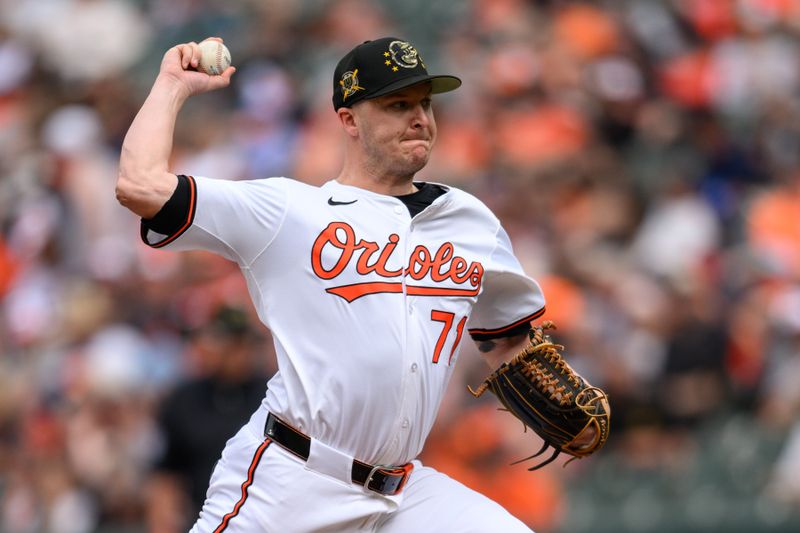 May 19, 2024; Baltimore, Maryland, USA; Baltimore Orioles pitcher Jacob Webb (71) throws a pitch during the seventh inning against the Seattle Mariners at Oriole Park at Camden Yards. Mandatory Credit: Reggie Hildred-USA TODAY Sports