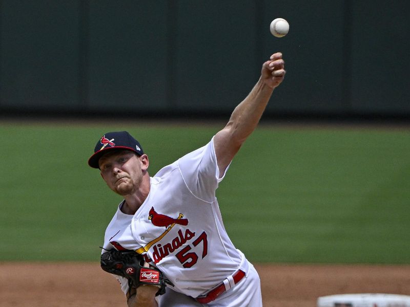 Aug 6, 2023; St. Louis, Missouri, USA;  St. Louis Cardinals starting pitcher Zack Thompson (57) pitches against the Colorado Rockies during the third inning at Busch Stadium. Mandatory Credit: Jeff Curry-USA TODAY Sports