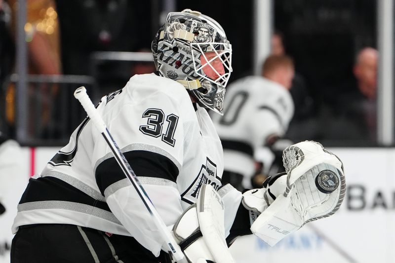 Feb 5, 2026; Las Vegas, Nevada, USA; Los Angeles Kings goaltender Anton Forsberg (31) warms up before the start of a game against the Vegas Golden Knights at T-Mobile Arena. Mandatory Credit: Stephen R. Sylvanie-Imagn Images